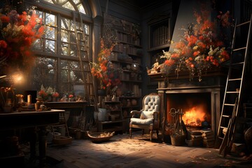 Fantasy interior of an old house with a fireplace. 3d rendering