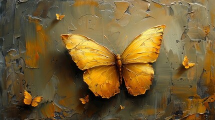The abstract hand-painted golden butterfly oil painting art is vertically hung. - obrazy, fototapety, plakaty