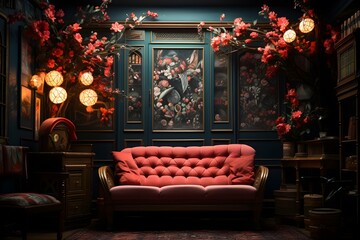 Vintage interior with a red sofa, flowers and a window.
