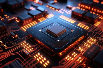 Obraz premium Close up of a CPU chip with glowing circuits. electronic circuit board with glowing lights on it generative ai