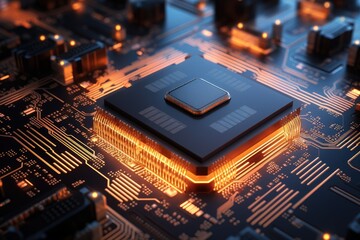 Close up of a CPU chip with glowing circuits, computer processing unit CPU with labeled metaverse, Ai generated