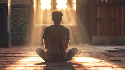 Ordinary man praying in the mosque alone - obrazy, fototapety, plakaty