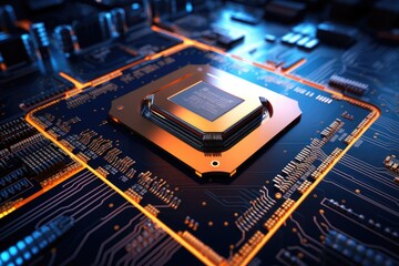 Close up of a CPU chip with glowing circuits, Photo abstract microchip mother board background computer, Ai generated