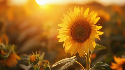 Obraz premium Fields of sunflowers at sunrise, with a single sunflower in focus. 