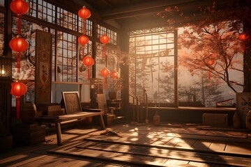 Chinese tea room with red lanterns in the evening,3d render illustration