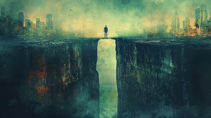 Hand drawn bridge over gap between two cliffs with businessman walking across it on a city background depicting success - obrazy, fototapety, plakaty