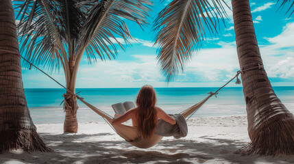 Woman sitting in hammock between two palm trees, facing away from camera, overlooking the ocean, blue sky and white clouds, travel concept