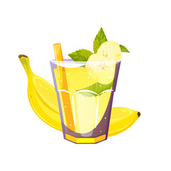 Banana cocktail. Summer refreshing drink, lemonade with banana and mint. Vector illustration.