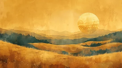 Deurstickers This abstract, hand-painted golden landscape art wallpaper is suitable for print and digital media, rugs, wallpapers, wall art, graphic design, social media, posters, gallery walls, and t-shirts. © Diana