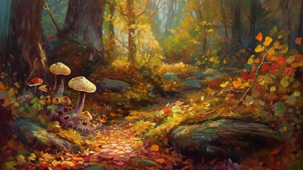 A magical forest glade, where shafts of golden sunlight filter through the canopy to illuminate a carpet of colorful autumn leaves, with mushrooms  - obrazy, fototapety, plakaty
