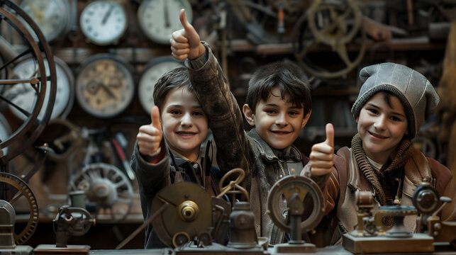 Group of children doing their dream job as Clockmakers in the workshop. Concept of Creativity, Happiness, Dream come true and Teamwork.