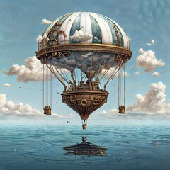 A hot air balloon shaped like a ship is floating above the sea, surrounded by clouds.