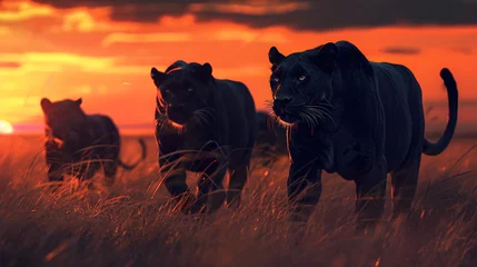 Schilderijen op glas Black panthers standing in the savanna with setting sun shining. Group of wild animals in nature. © linda_vostrovska