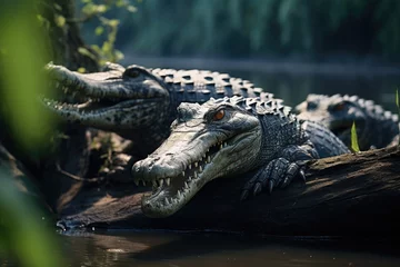 Foto auf Alu-Dibond Crocodiles resting in the sun on a river bank, Photo two nile crocodiles are lying on a stone, Ai generated © Tanu