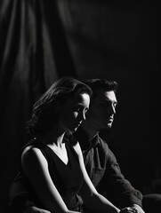 Striking silhouette of the couple, black wardrobe, elegant posture, monochrome photography
