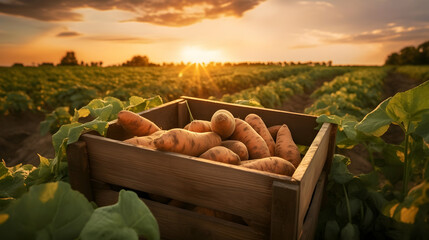Sweet potatoes harvested in a wooden box with field and sunset in the background. Natural organic fruit abundance. Agriculture, healthy and natural food concept. Horizontal composition. - obrazy, fototapety, plakaty