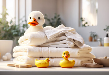 stack of fresh white towels and toy ducklings for bathing in a bright bathroom - obrazy, fototapety, plakaty