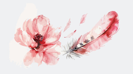 Watercolor flower and feather on white
