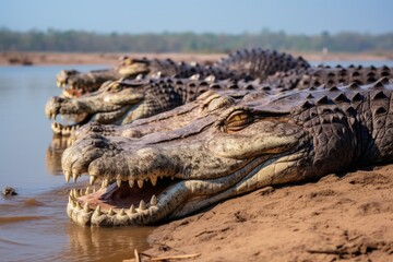 Obraz premium Crocodiles resting in the sun on a river bank, giant crocodile lying in the grass at the river bank, Ai generated