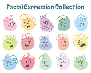 Abstract flat face with variety funny facial expression set. Cartoon doodle crayon style round character emotion. Comic colorful happy, calm, worry, angry, anxiety, smile face with line draw hair