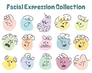 Obraz premium Abstract flat face with variety funny facial expression set. Cartoon doodle crayon style round character emotion. Comic colorful happy, calm, worry, angry, anxiety, smile face with line draw hair