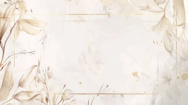 Luxurious invitation design with a botanical border of golden branches and lily silhouettes, elegantly presented on an ivory background