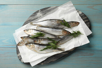 Fresh raw sprats and dill on light blue wooden table, top view