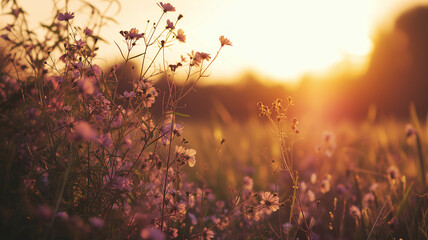 wildflowers basking in the warm, golden light of a setting sun, highlighting a serene dusk landscape - Nature background - Generative AI - obrazy, fototapety, plakaty