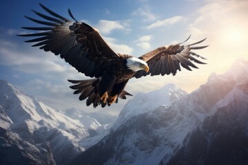 An eagle soaring high above a mountain range. eagle flies at high altitude in the mountains fantastic, Ai generated