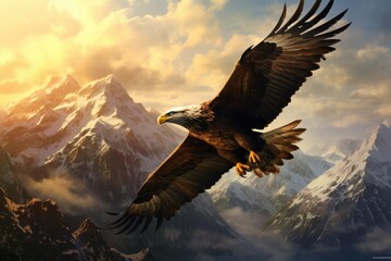 An eagle soaring high above a mountain range. eagle flies at high altitude in the mountains fantastic, Ai generated - obrazy, fototapety, plakaty