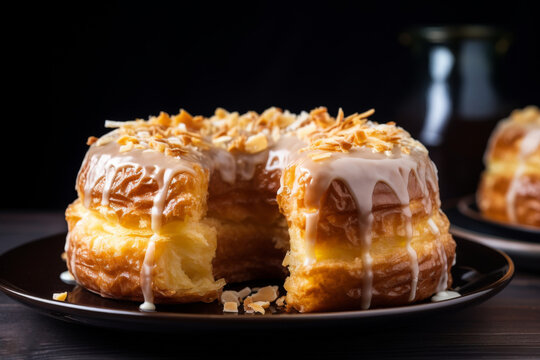 Fresh baked donut-cronut, new croissant and doughnut glazed hybrid with almond on a wooden table