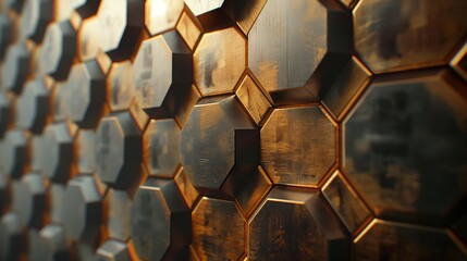 Futuristic metallic hexagons arranging in a captivating pattern on a wall - obrazy, fototapety, plakaty