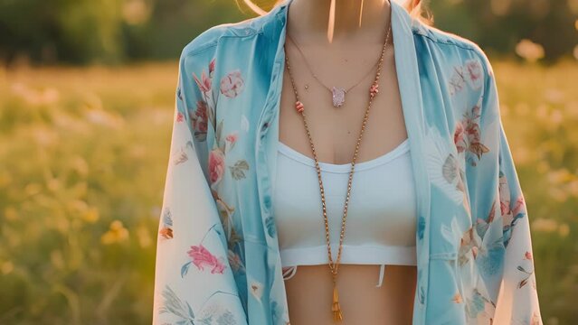 A flowy sky blue kimono with a floral print paired with a white tank top and denim offs giving off bohemian vibes for a summer music concert.