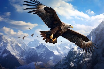 An eagle soaring high above a mountain range, bald eagle flying in the blue sky, Ai generated