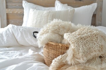 touch of rustic charm is added to the bedroom with a wicker basket overflowing with colorful blankets on a simple bed
