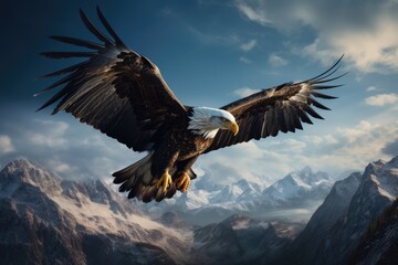 An eagle soaring high above a mountain range, bald eagle flying in the blue sky, Ai generated
