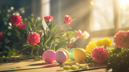 Fototapeta na wymiar Sunlit Easter morning with eggs and flowers