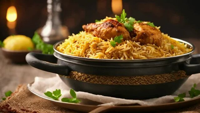 Chicken Biryani with Fragrant Basmati and Exotic Spices, food stock video, boryani video, festival food, seamless looping, 4k video looping, dinner stock videos, food recipes, youtube videos, stock ai