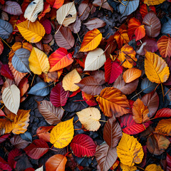 Fototapeta na wymiar Seamless texture and background of colorful fallen autumnal leaves. Neural network generated image. Not based on any actual scene or pattern.