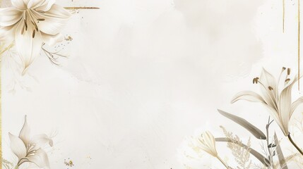 Luxurious invitation design with a botanical border of golden branches and lily silhouettes, elegantly presented on an ivory background