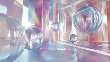 Futuristic orbs suspended in an immersive 3D abstract space, radiating a sense of simplicity with a touch of complexity. - obrazy, fototapety, plakaty