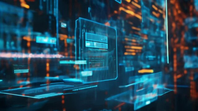 Holographic representations of credit card transactions float in the air underscoring the need for secure networks and protocols to protect against fraudulent activities.