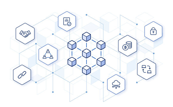 blockchain technology on abstract hexagon background. editable stroke icons vector illustration