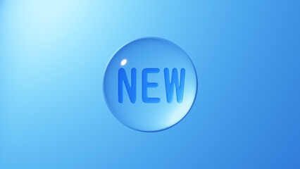 丸い水滴の中にNEWという文字。アイコン。3D（横長）