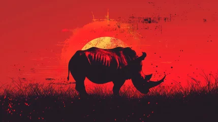 Zelfklevend Fotobehang Silhouette of a rhinoceros with a red backdrop and paint splatter effects,ai generated © Rajesh