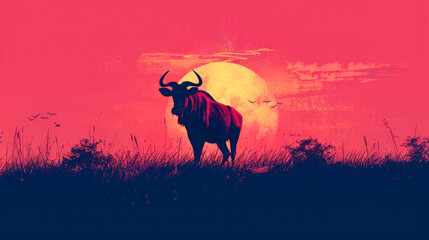 Silhouette of a wildebeest against a red sunset sky with splatter texture,ai generated