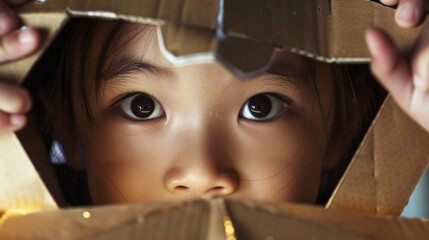 A close-up portrait of a young child with bright eyes and a mischievous grin, lost in a world of imagination