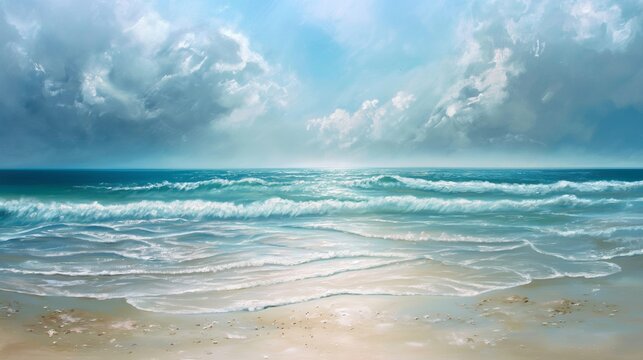 Gentle waves leaving delicate patterns in the sand beneath a sky painted in hues of azure and soft white.