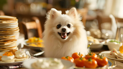cute white pomeranian spitz sits happily among many dishes with stacks of blinis Ai generative 