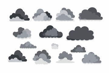 Cartoon rainy storm cloud vector set. White sky with dark grey clouds	